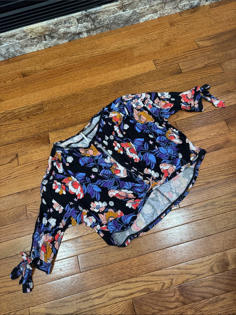 Free People Keepin’ On Black Floral Crop Top with Tie Sleeves